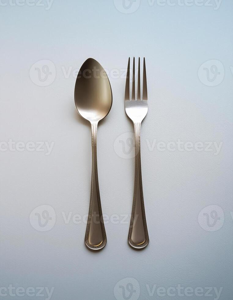 spoon and fork kept on white background. ready to eat concept. flat lay background concept photo
