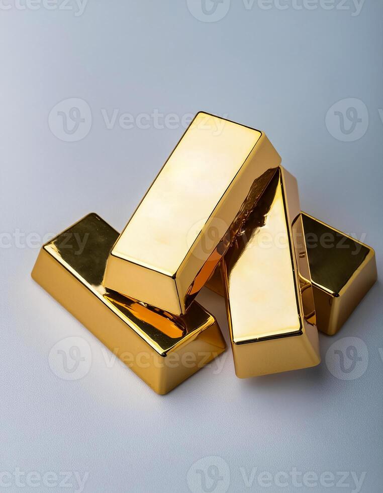 Gold bars ingot isolated on white background. flat lay background concept with copy space. photo
