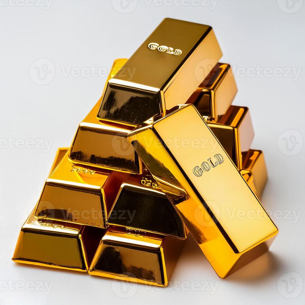 Gold bars ingot isolated on white background. flat lay background concept with copy space. photo