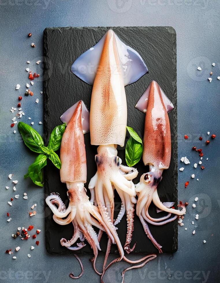 fresh raw squid, seafood. From nature, top view. It is isolated on white background. photo