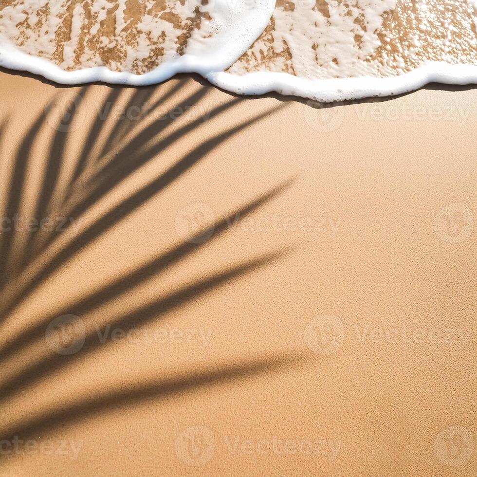 empty abstract sand beach with palm leaf shadow and transparent water wave from above, blank background banner for travel, vacation and wellbeing with copy space. top of views, aerial views. photo