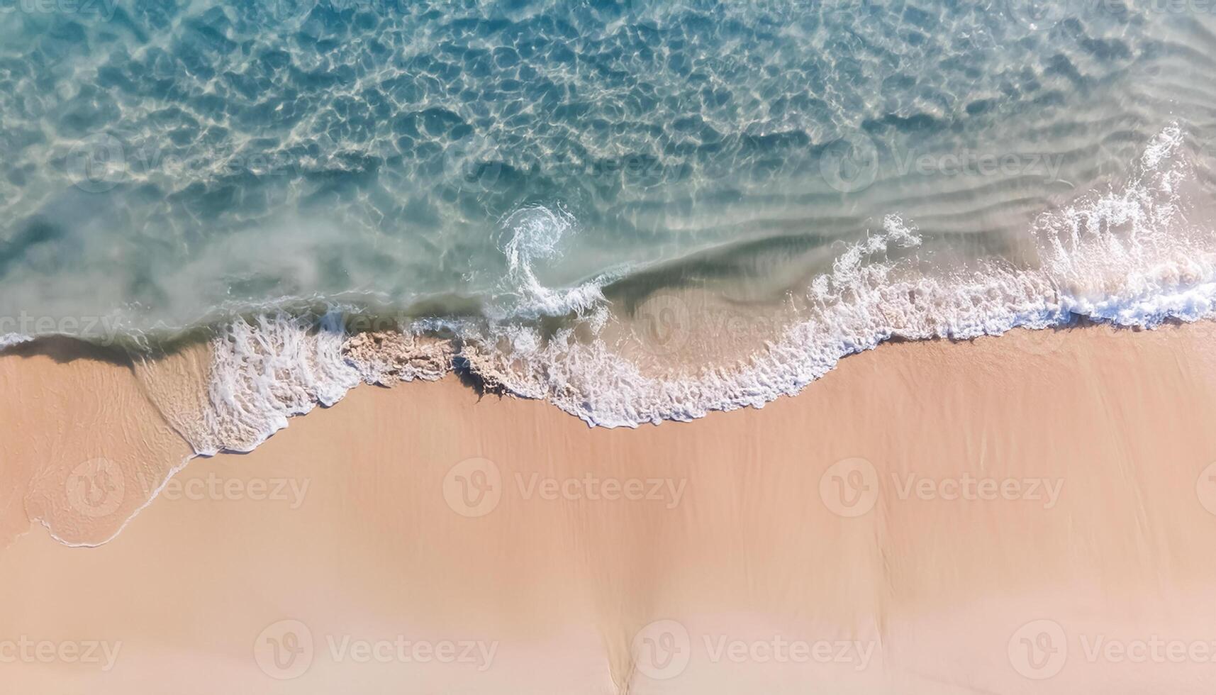 empty abstract sand beach with palm leaf shadow and transparent water wave from above, blank background banner for travel, vacation and wellbeing with copy space. top of views, aerial views. photo