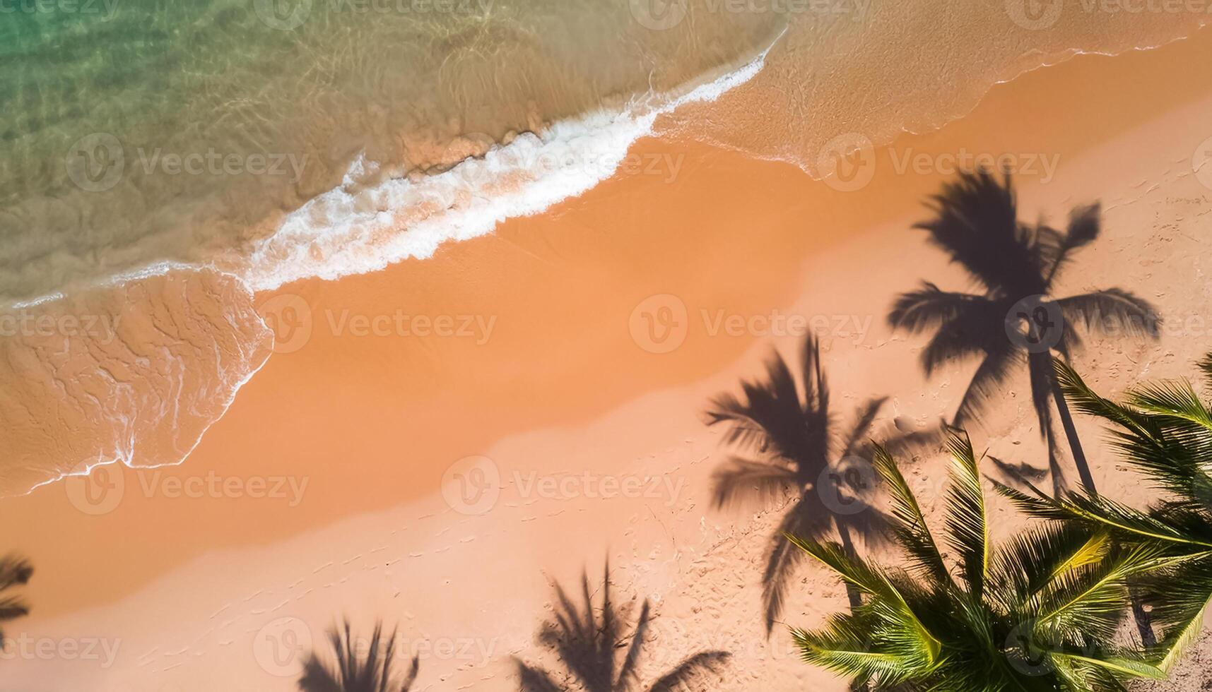 empty abstract sand beach with palm leaf shadow and transparent water wave from above, blank background banner for travel, vacation and wellbeing with copy space. top of views, aerial views. photo