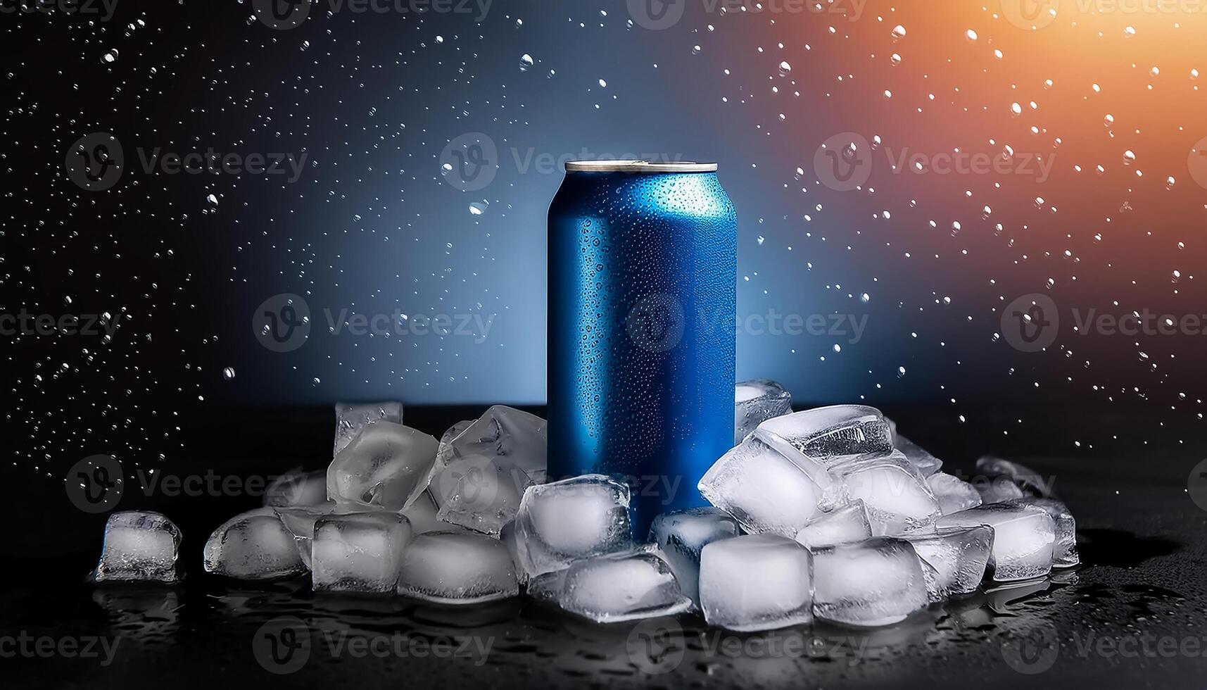 Cold drink can with lots of ice cubes. Summer refreshing drink adorned with glistening water droplets seamless. mock up. photo