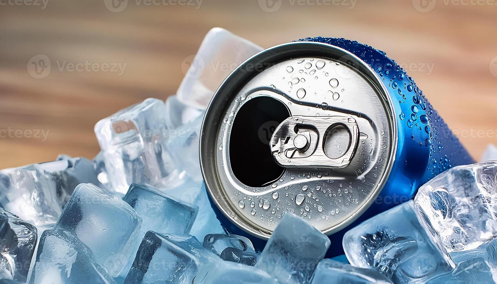 Cold drink can with lots of ice cubes. Summer refreshing drink adorned with glistening water droplets seamless. mock up. photo