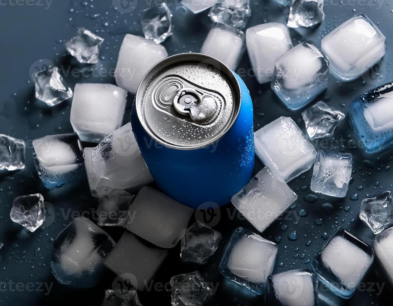 Cold drink can with lots of ice cubes. Summer refreshing drink adorned with glistening water droplets seamless. mock up. photo