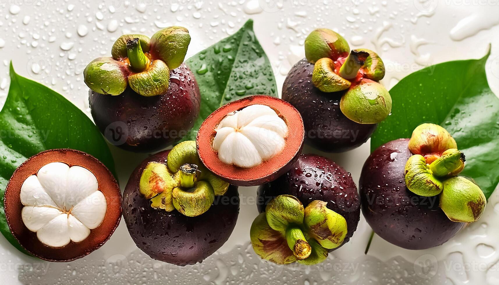 Creative food concept. Fresh a pile of Top view of half ripe Mangosteen with leaves. photo