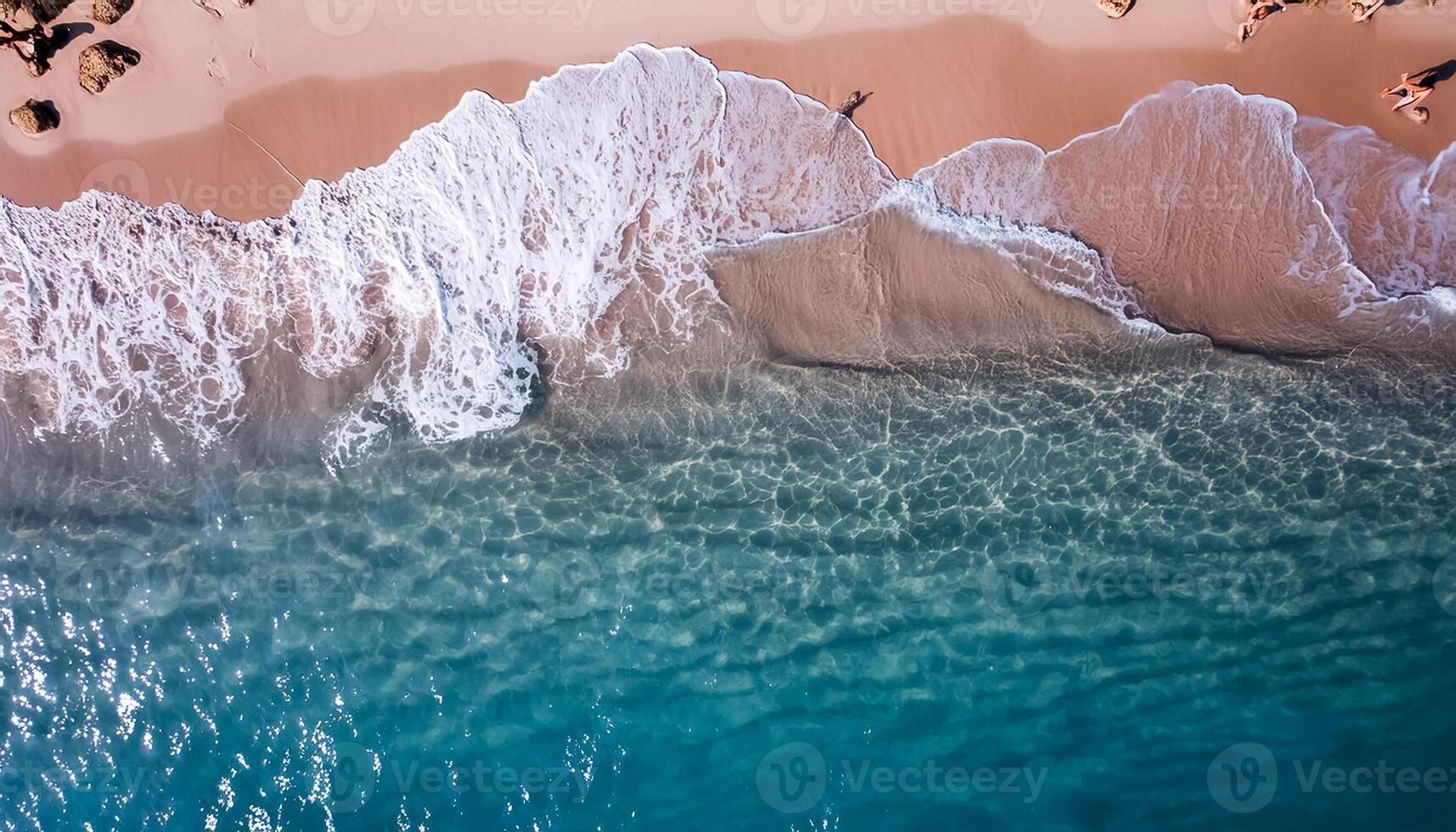 empty abstract sand beach with palm leaf shadow and transparent water wave from above, blank background banner for travel, vacation and wellbeing with copy space. top of views, aerial views. photo