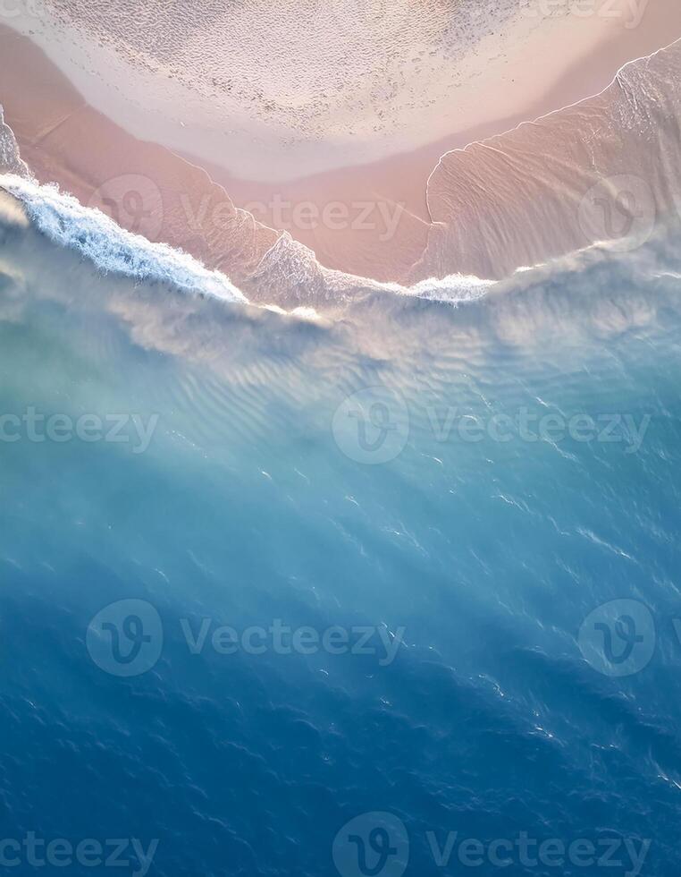 empty abstract sand beach with palm leaf shadow and transparent water wave from above, blank background banner for travel, vacation and wellbeing with copy space. top of views, aerial views. photo