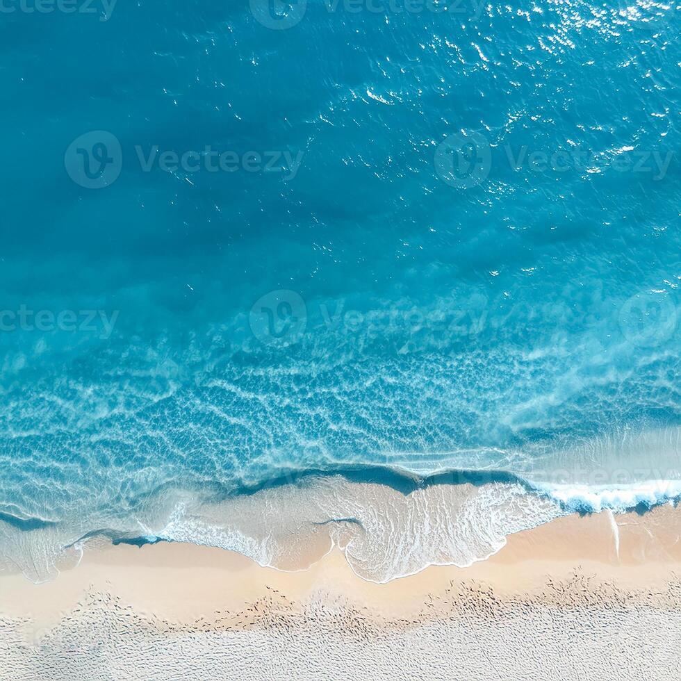 empty abstract sand beach with palm leaf shadow and transparent water wave from above, blank background banner for travel, vacation and wellbeing with copy space. top of views, aerial views. photo