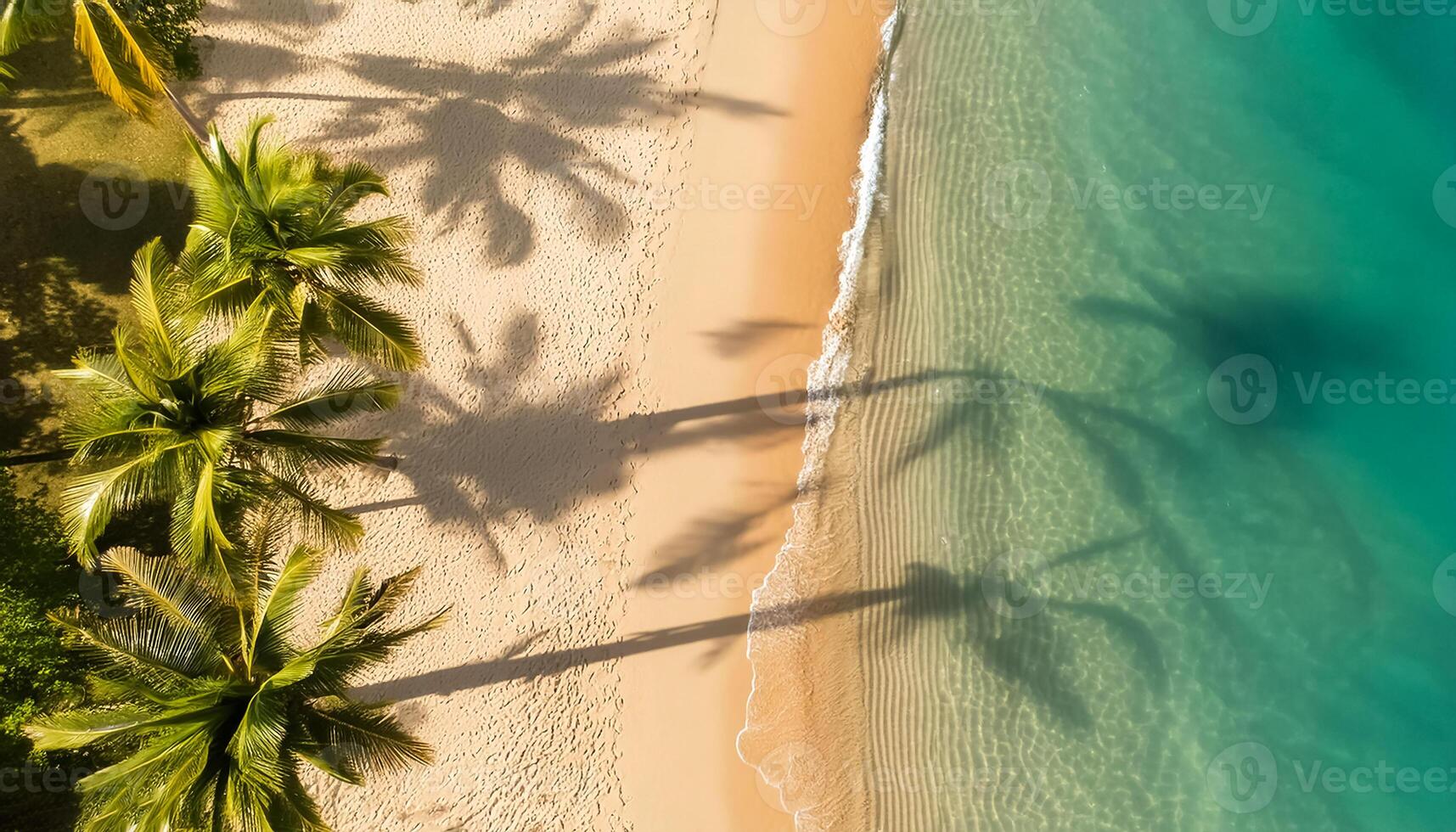 empty abstract sand beach with palm leaf shadow and transparent water wave from above, blank background banner for travel, vacation and wellbeing with copy space. top of views, aerial views. photo