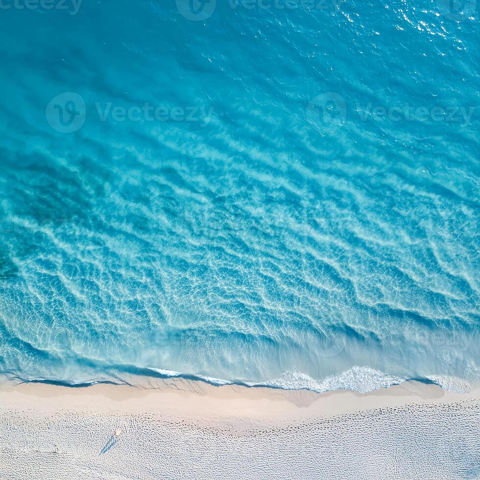 empty abstract sand beach with palm leaf shadow and transparent water wave from above, blank background banner for travel, vacation and wellbeing with copy space. top of views, aerial views. photo