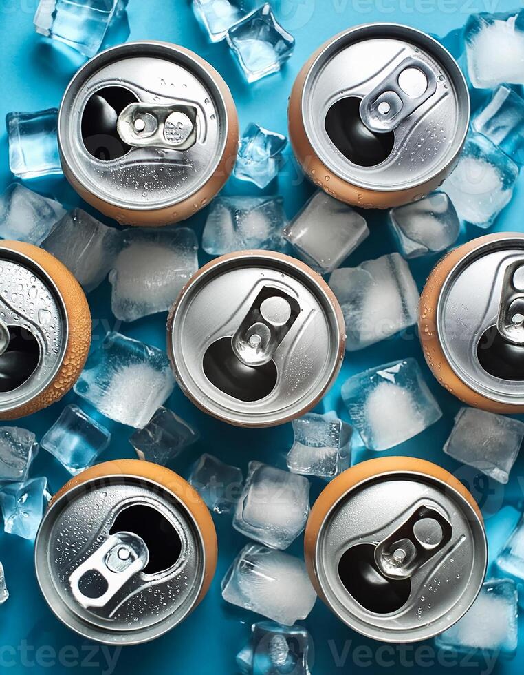 Cold drink can with lots of ice cubes. Summer refreshing drink adorned with glistening water droplets seamless. mock up. photo