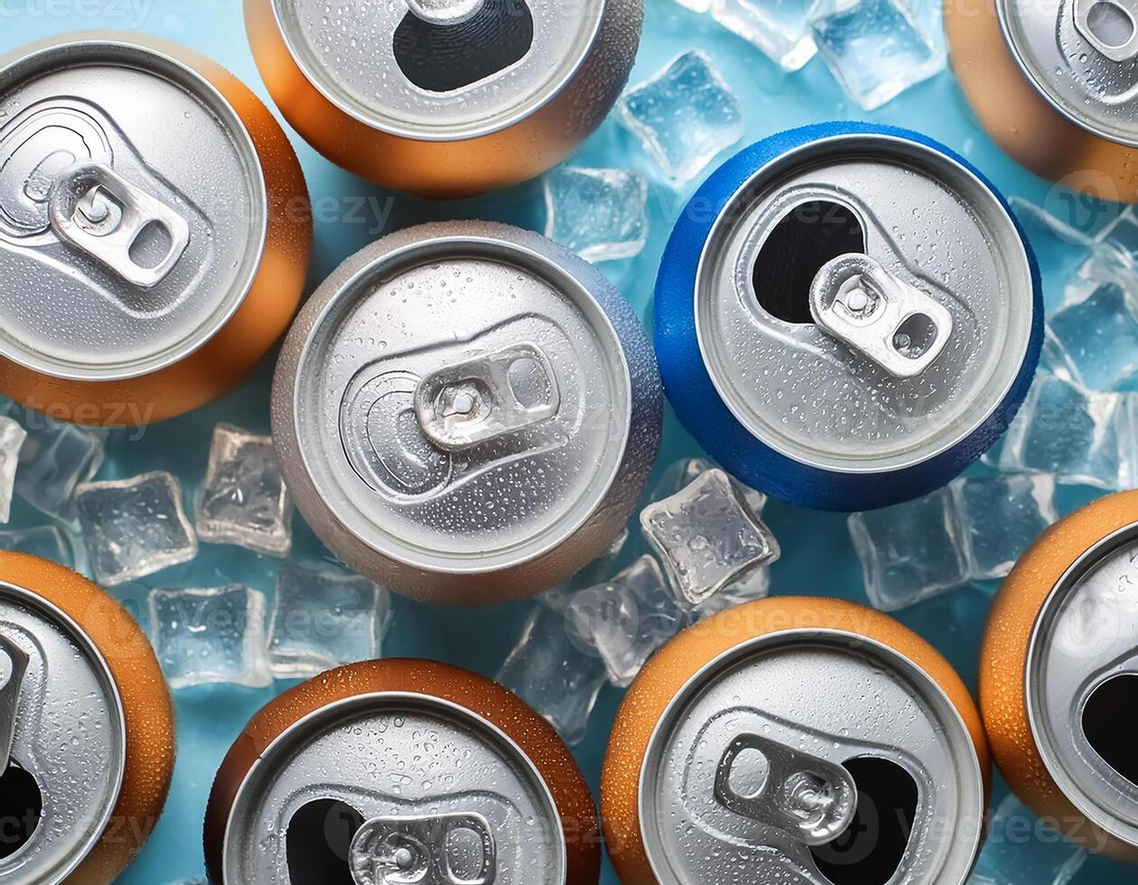 Cold drink can with lots of ice cubes. Summer refreshing drink adorned with glistening water droplets seamless. mock up. photo