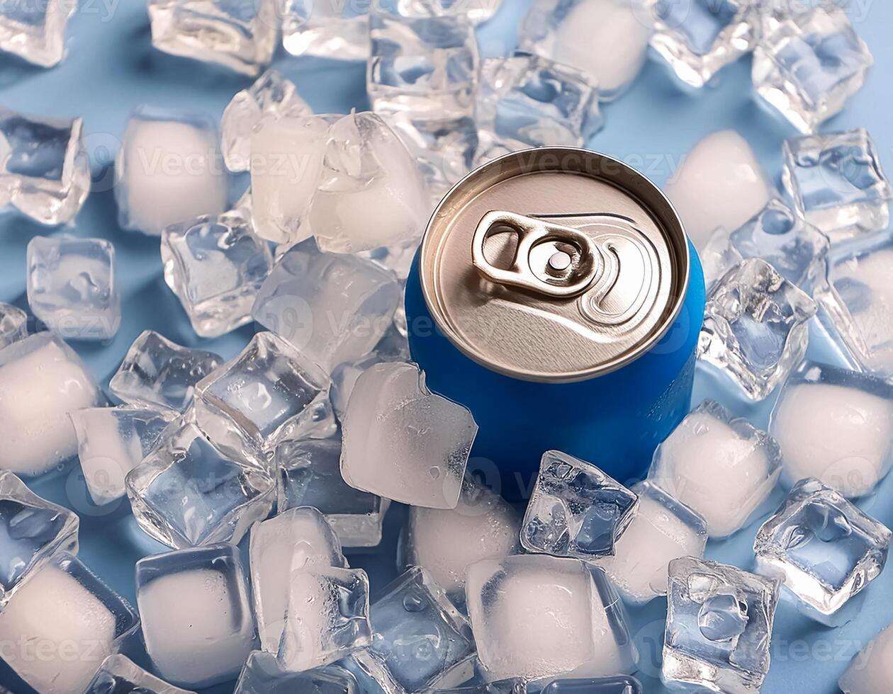 Cold drink can with lots of ice cubes. Summer refreshing drink adorned with glistening water droplets seamless. mock up. photo