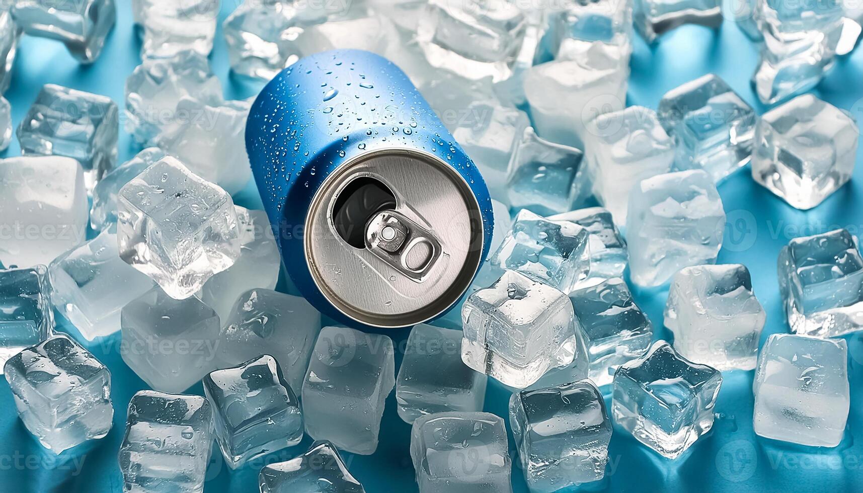 Cold drink can with lots of ice cubes. Summer refreshing drink adorned with glistening water droplets seamless. mock up. photo