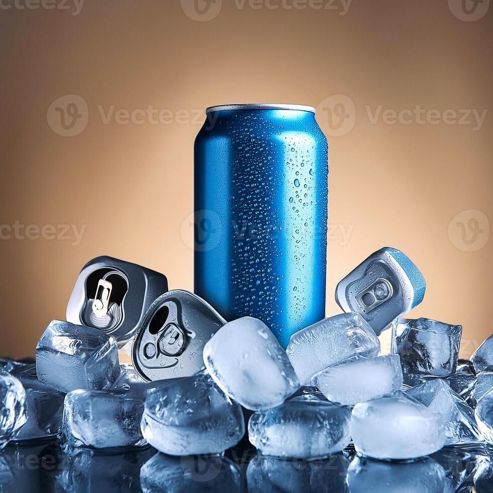 Cold drink can with lots of ice cubes. Summer refreshing drink adorned with glistening water droplets seamless. mock up. photo