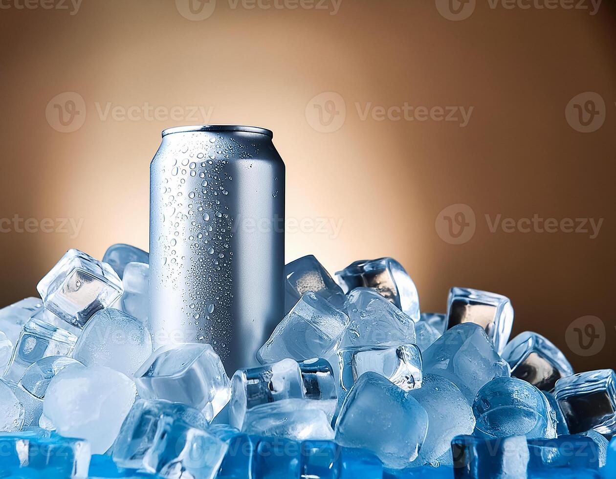 Cold drink can with lots of ice cubes. Summer refreshing drink adorned with glistening water droplets seamless. mock up. photo