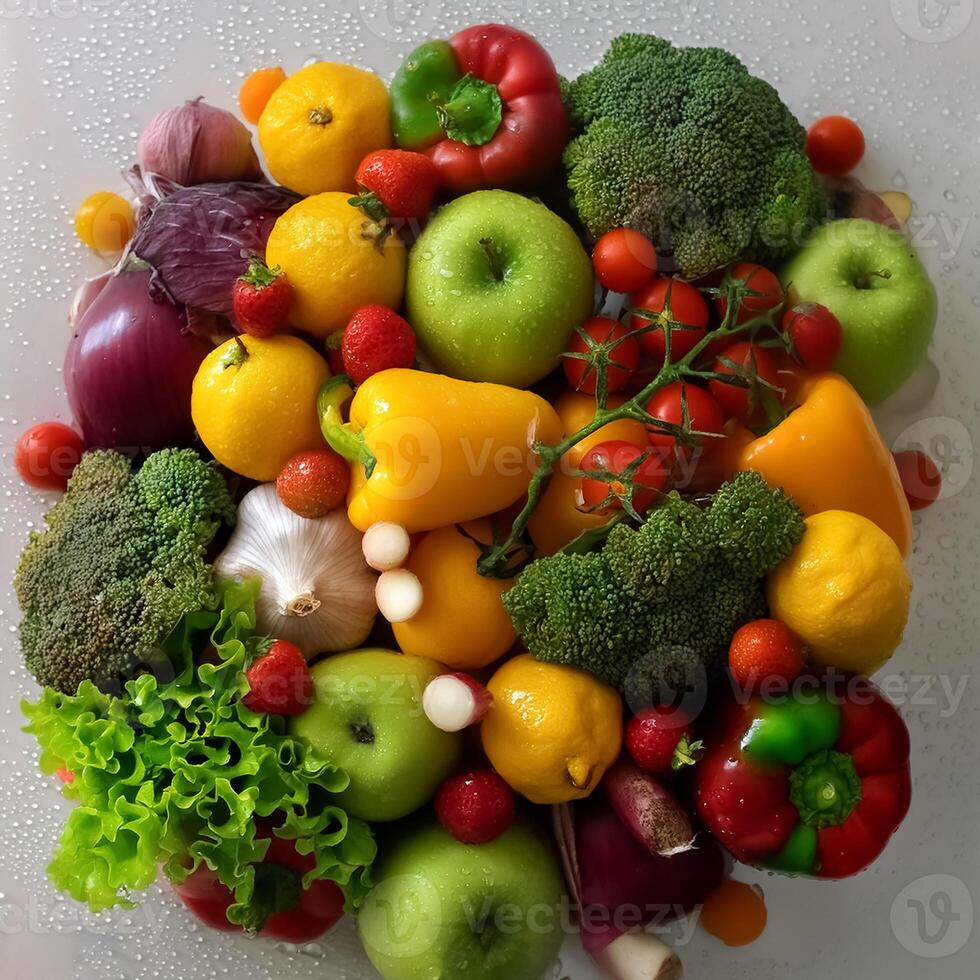 Creative food concept. Fresh a pile of organic, vegetarian, vegan, grocery, fruit, vegetable photo