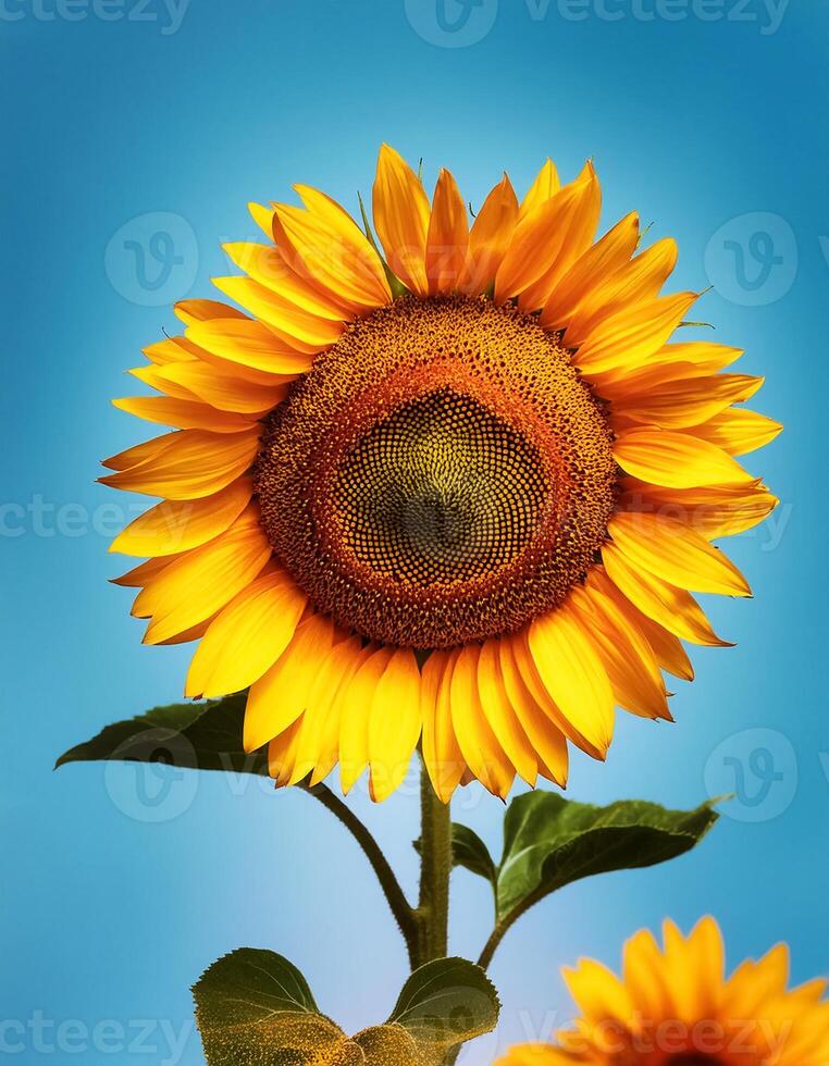Sunflowers bloom in all their glory on a sunny spring day. Close-up view shows petals, stamens, and buds on a twig on a clear, blue sky day. Sunflower isolated on clear blue sky photo