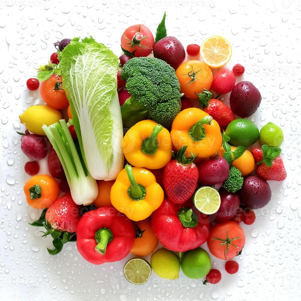 Creative food concept. Fresh a pile of organic, vegetarian, vegan, grocery, fruit, vegetable photo