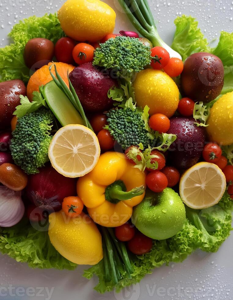Creative food concept. Fresh a pile of organic, vegetarian, vegan, grocery, fruit, vegetable photo