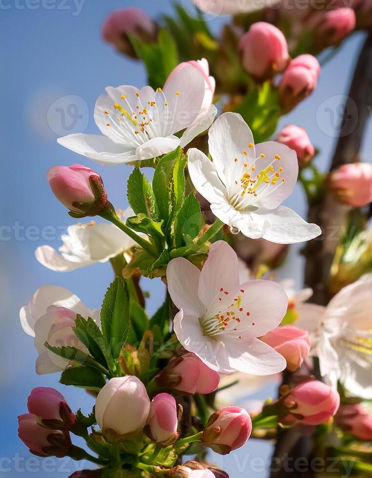 Cherry blossoms in all their glory on a sunny spring day. Close-up showing white petals, yellow-green stamens and pink buds on a twig on sunny and blue sky day. Flowers isolated on bright blue sky photo