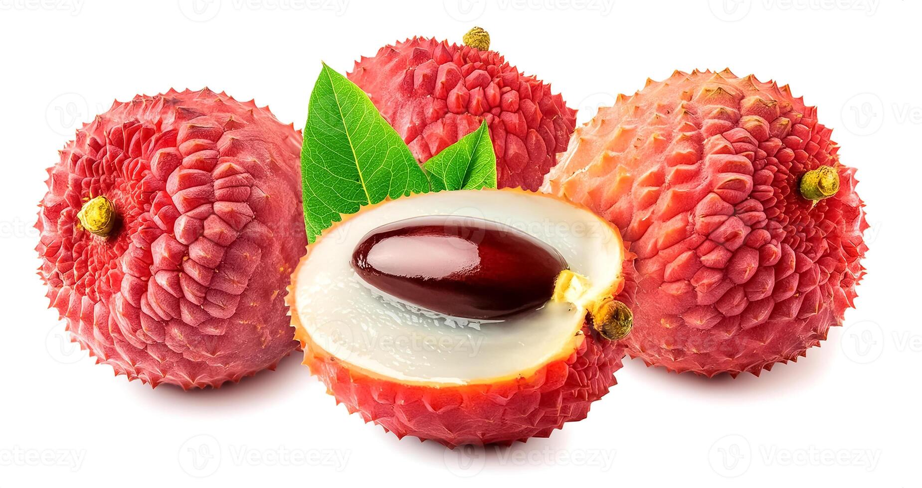 Creative food concept. Fresh a pile of Top view of half ripe Fresh ripe Red Lychee fruit isolated on white background. photo