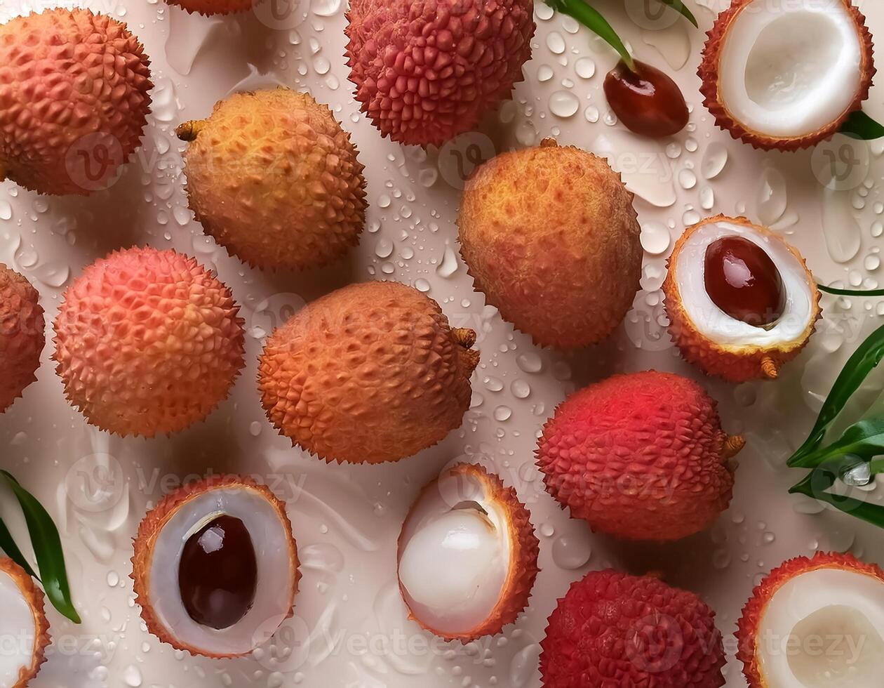 Creative food concept. Fresh a pile of Top view of half ripe Fresh ripe Red Lychee fruit isolated on white background. photo