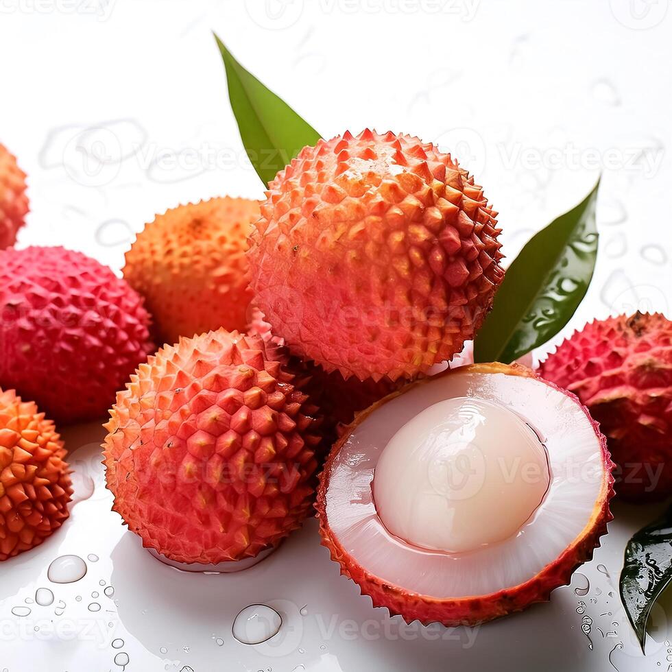 Creative food concept. Fresh a pile of Top view of half ripe Fresh ripe Red Lychee fruit isolated on white background. photo