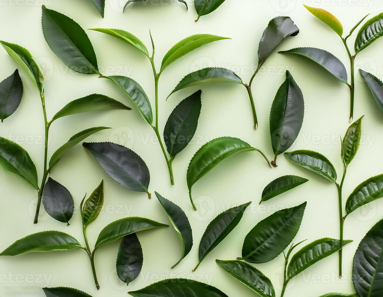 Full frame background fresh young tea leaves. fresh young tea leaves background, close up. Background texture and pattern fresh young tea leaves. flat lay. top of views photo