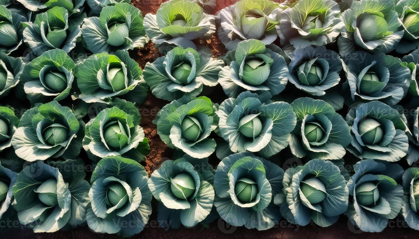 Rows of vibrant green cabbages thriving in the rich soil, showcasing nature's bounty. top of views. aerial views. flat lay photo