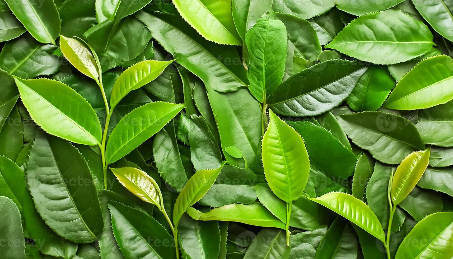 Full frame background fresh young tea leaves. fresh young tea leaves background, close up. Background texture and pattern fresh young tea leaves. flat lay. top of views photo