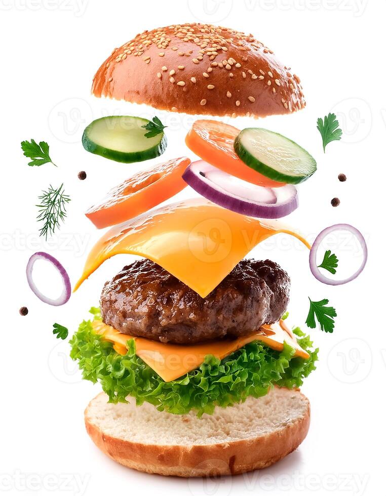 Delicious burger with many ingredients isolated on white background Tasty cheeseburger splash sauce photo
