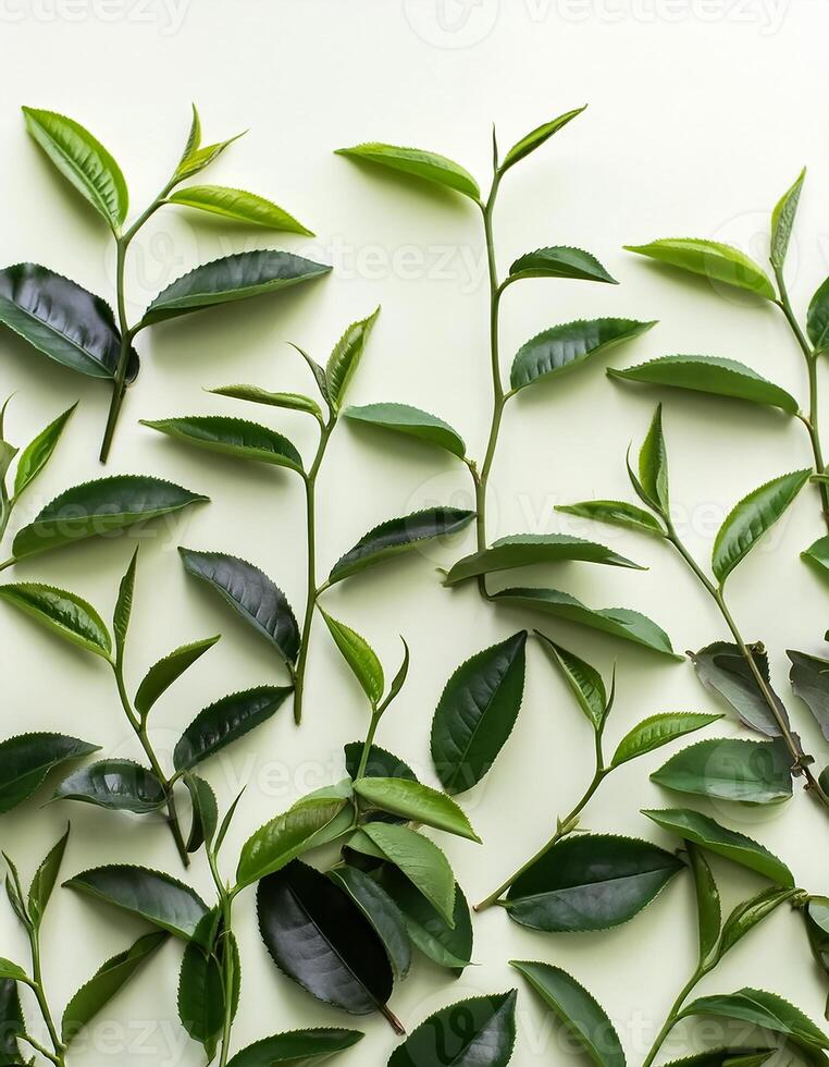 Full frame background fresh young tea leaves. fresh young tea leaves background, close up. Background texture and pattern fresh young tea leaves. flat lay. top of views photo