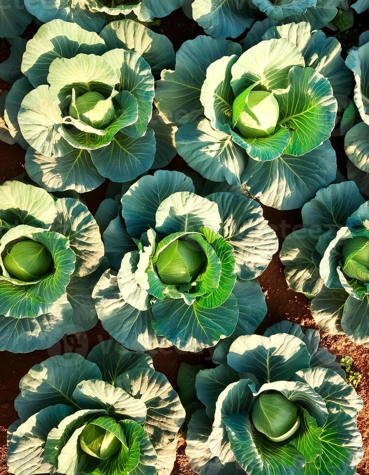 Rows of vibrant green cabbages thriving in the rich soil, showcasing nature's bounty. top of views. aerial views. flat lay photo
