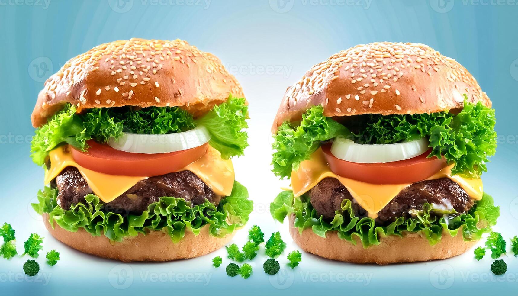 Delicious burger with many ingredients isolated on white background Tasty cheeseburger splash sauce photo