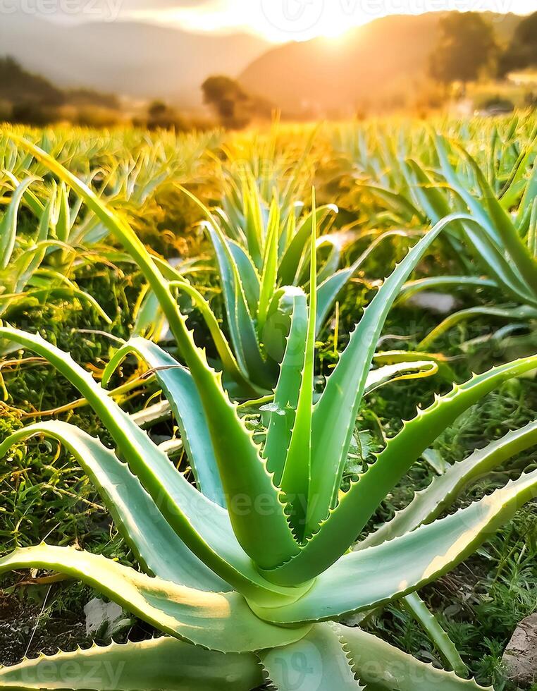 Photo of aloe vera plant with soft blur background in plantation
