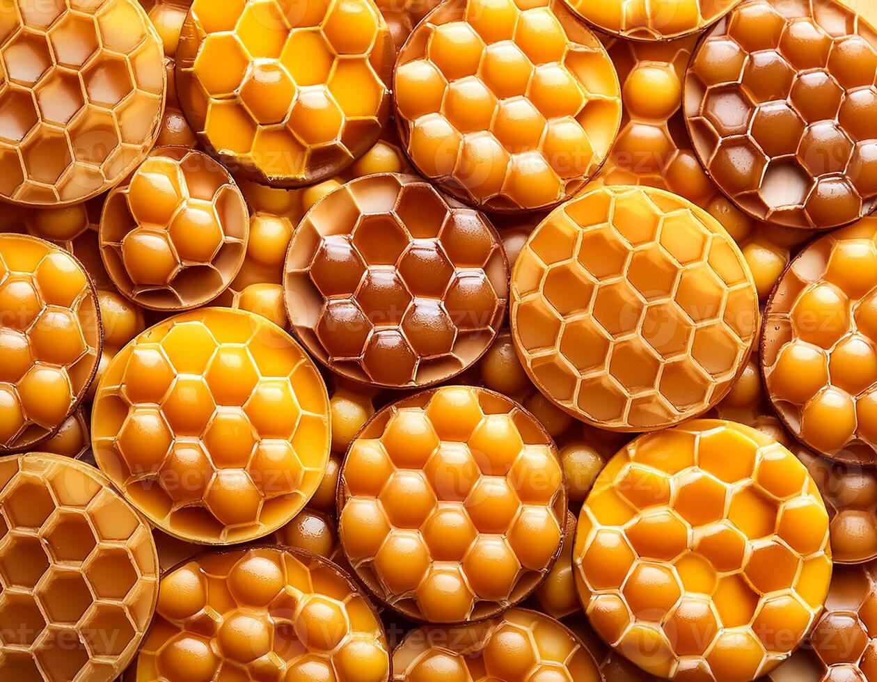 Full frame background Sweet honey. Honeycombs with sweet golden honey on whole background, close up. Background texture and pattern of section of wax honeycomb. flat lay. top of views photo