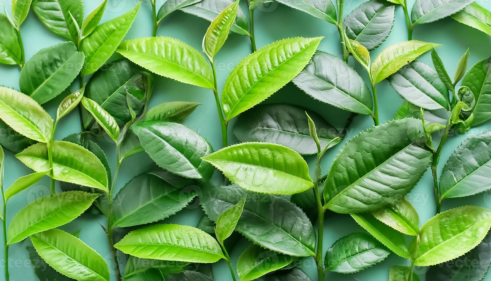 Full frame background fresh young tea leaves. fresh young tea leaves background, close up. Background texture and pattern fresh young tea leaves. flat lay. top of views photo
