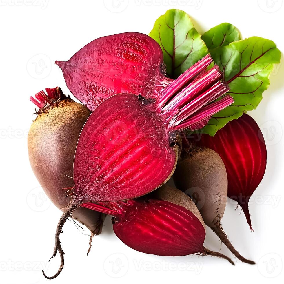 Creative food concept. fresh group of organic beets half isolated on white background photo
