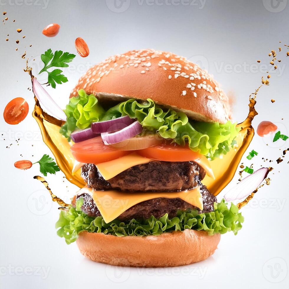 Delicious burger with many ingredients isolated on white background Tasty cheeseburger splash sauce photo