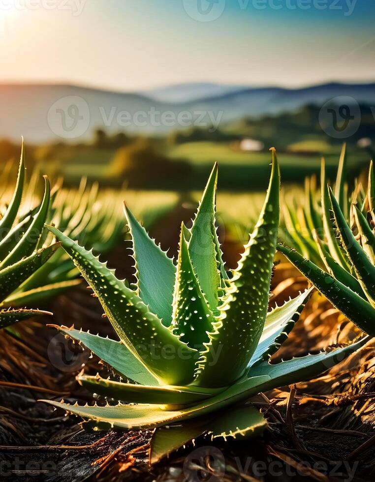 Photo of aloe vera plant with soft blur background in plantation