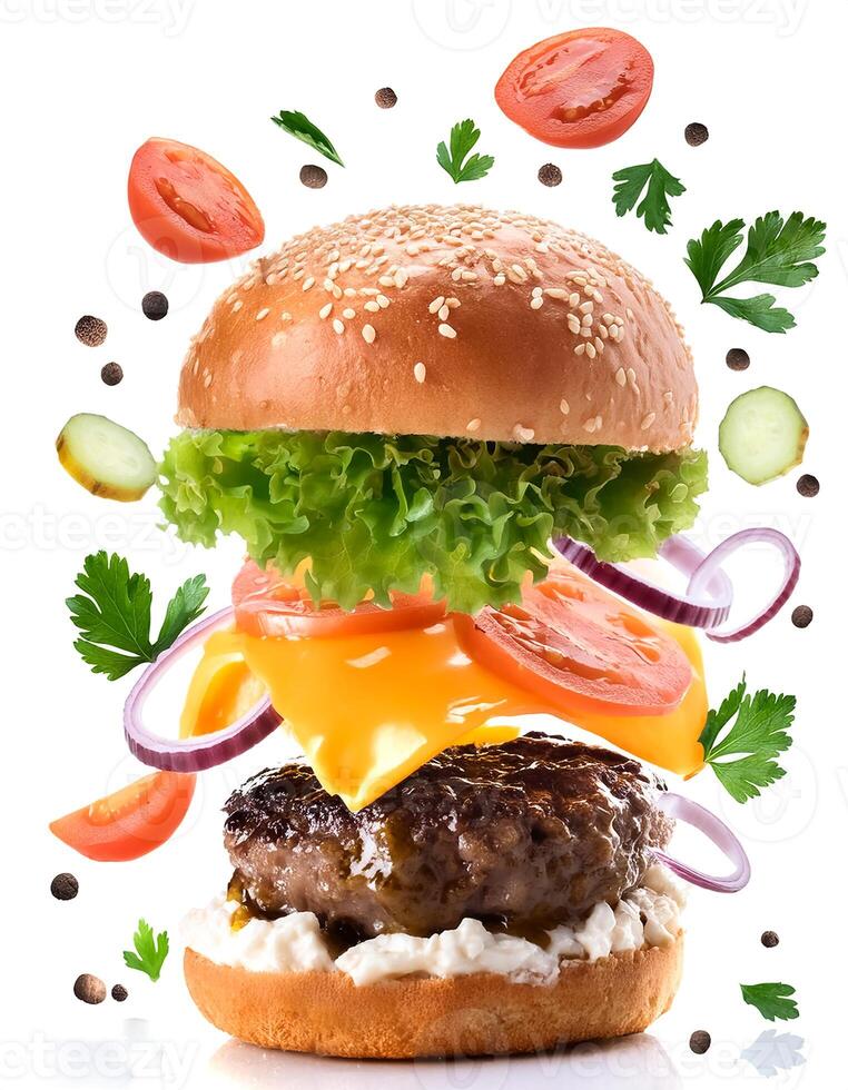 Delicious burger with many ingredients isolated on white background Tasty cheeseburger splash sauce photo