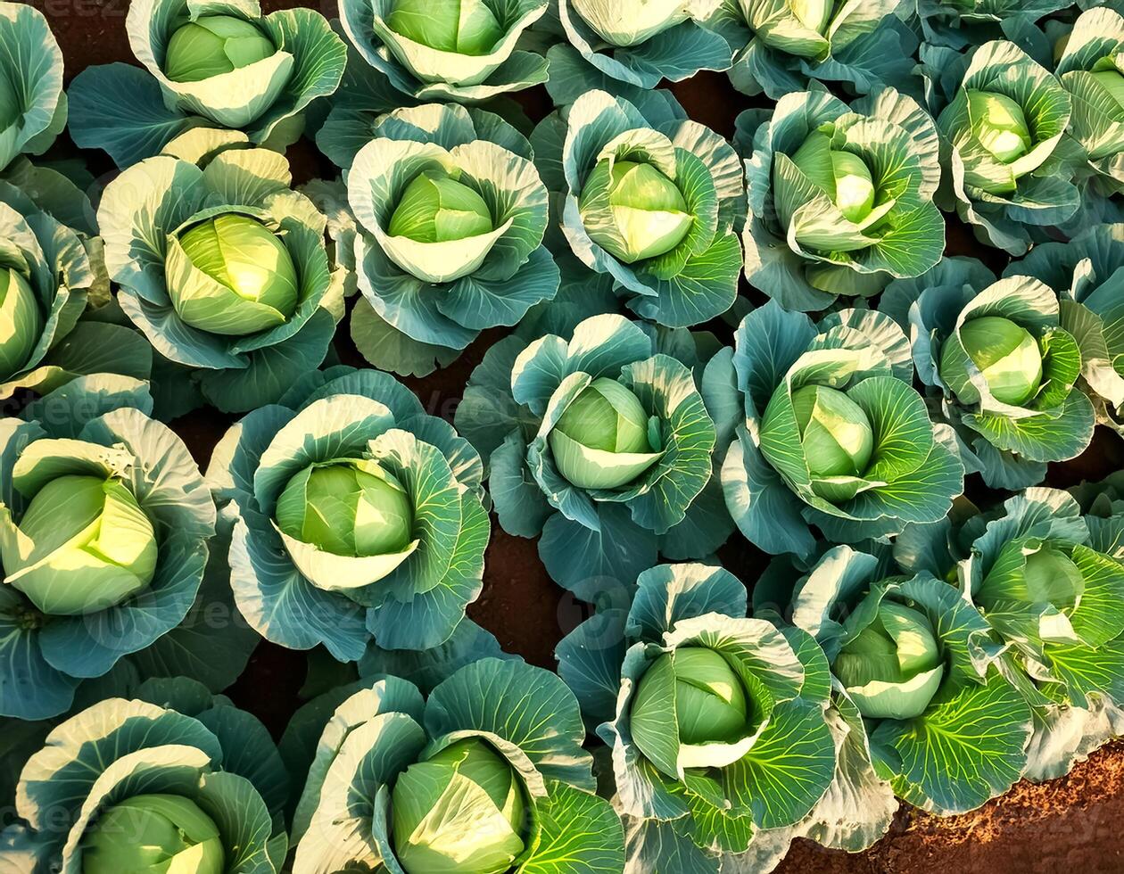 Rows of vibrant green cabbages thriving in the rich soil, showcasing nature's bounty. top of views. aerial views. flat lay photo