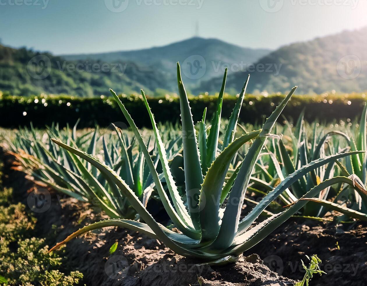Photo of aloe vera plant with soft blur background in plantation
