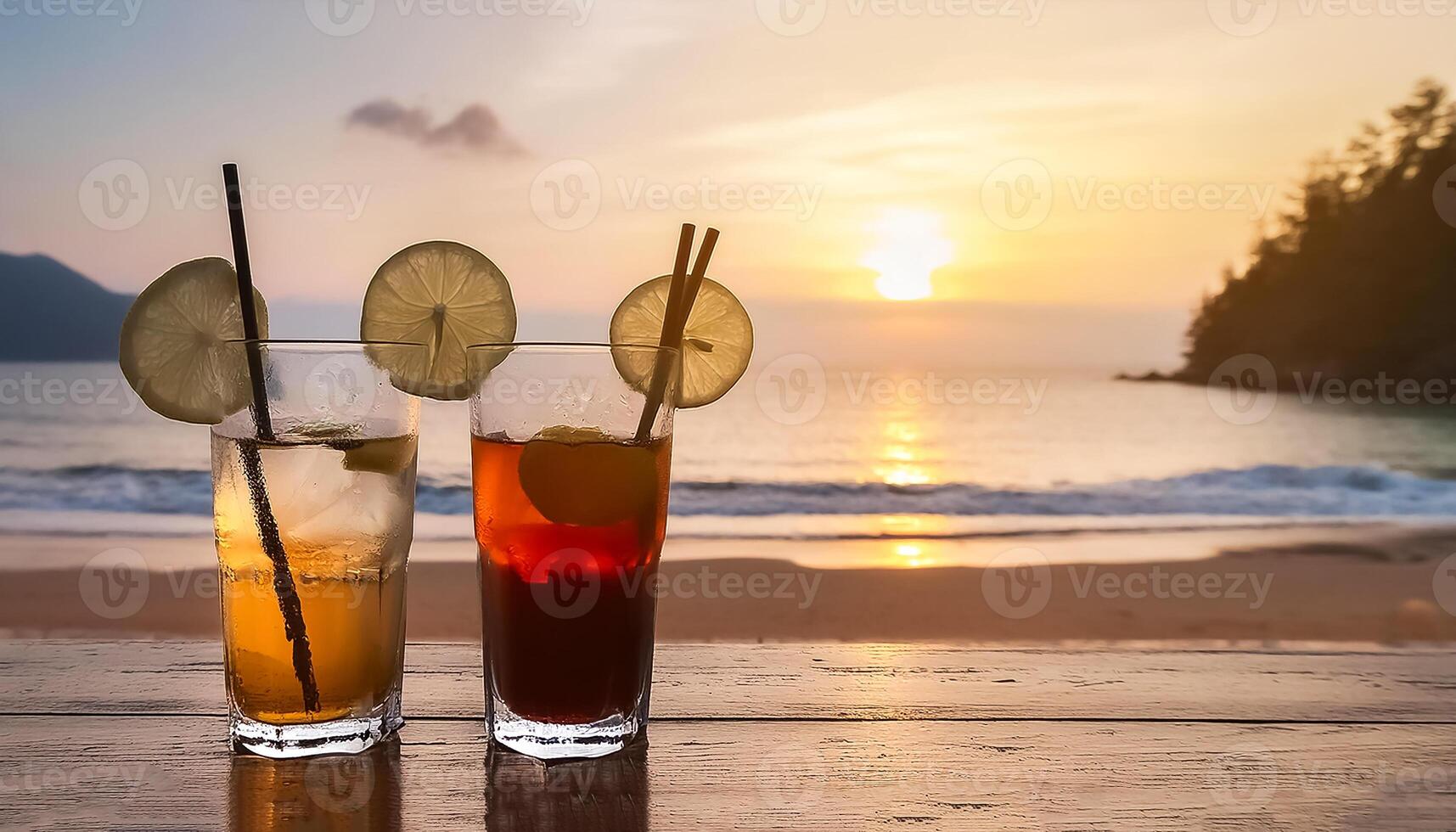 drinks with blur beach and sunset in background. concept of leisure, holiday, relaxation photo