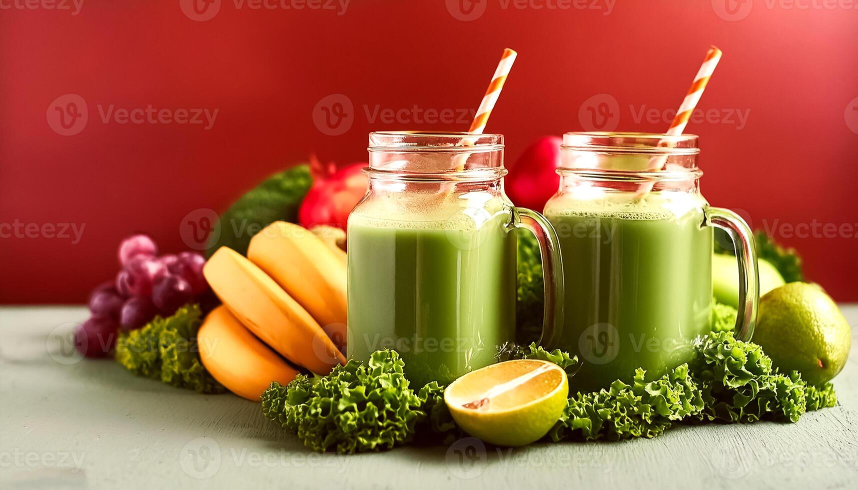 Creative food concept. Glass jar mugs with green health smoothie, kale leaves, lime, apple, kiwi, grapes, banana, avocado, lettuce. Copy space. Raw, vegan, vegetarian, alkaline food concept. Banner photo
