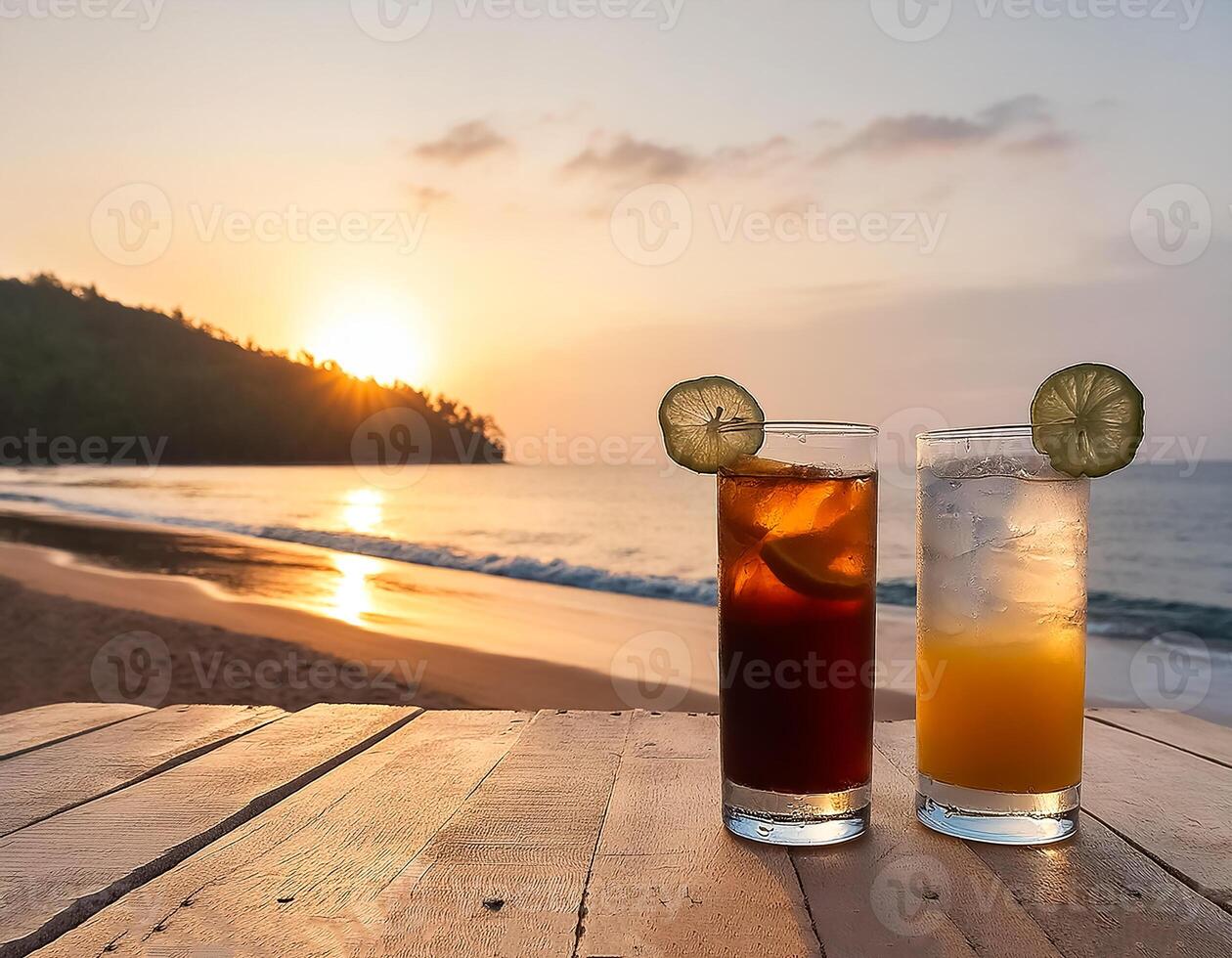 drinks with blur beach and sunset in background. concept of leisure, holiday, relaxation photo