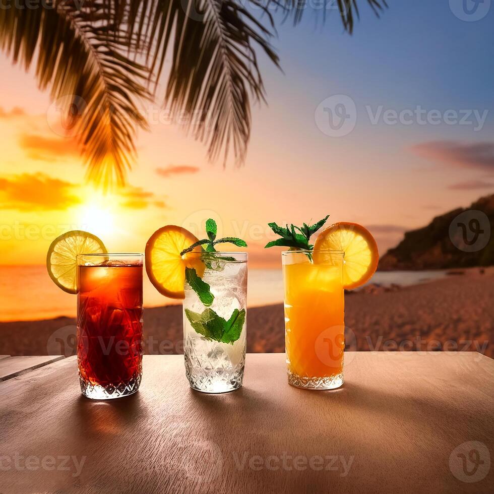 drinks with blur beach and sunset in background. concept of leisure, holiday, relaxation photo